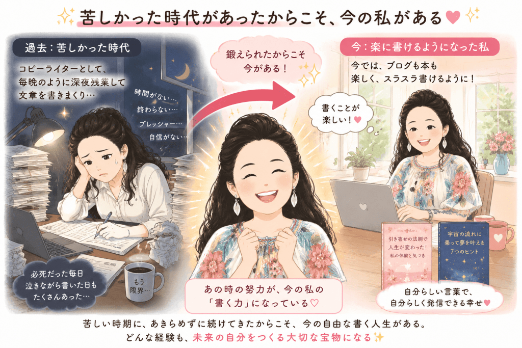 alt="苦しかった日々も無駄ではなかった。毎晩文章を書き続けた努力が今の「書く力」となり、ブログや本を自分らしく楽しく執筆できるようになったことを表現"