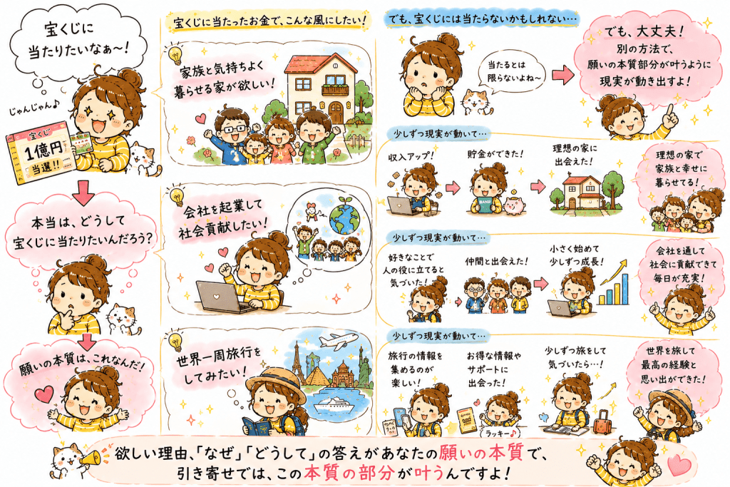 alt="引き寄せの法則では「欲しい理由」や「なぜ」「どうして」の答えが願いの本質となり、その本質が現実になることを分かりやすく表現した可愛いイラスト"