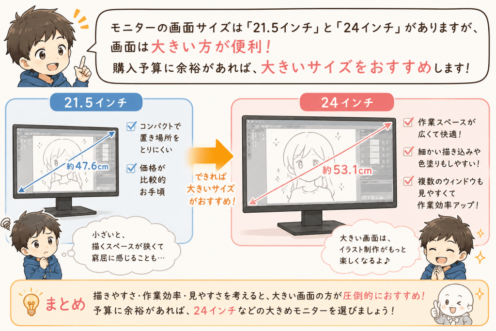 alt="21.5インチと24インチのモニターを比較し、大きな画面は作業スペースが広くデジタルイラストを描きやすいため、予算に余裕があれば24インチをおすすめするイラスト"