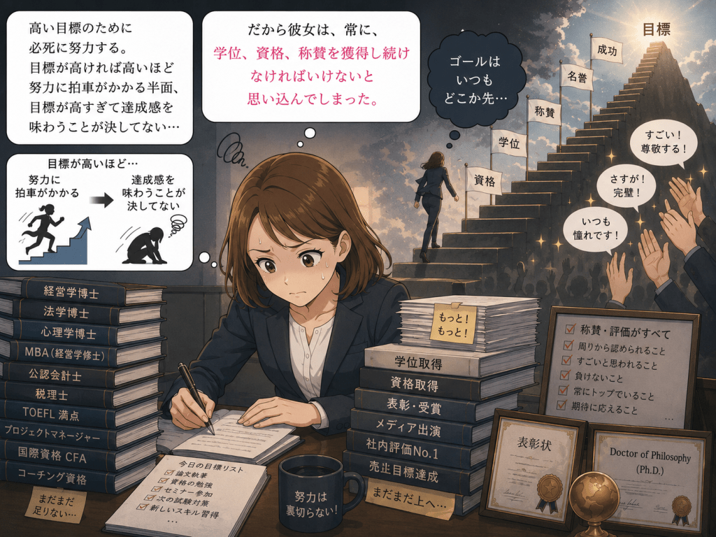 alt="高い目標を追い続け、学位・資格・称賛を得ようと努力する一方で、達成感を得られず「まだ足りない」と悩み続ける女性"