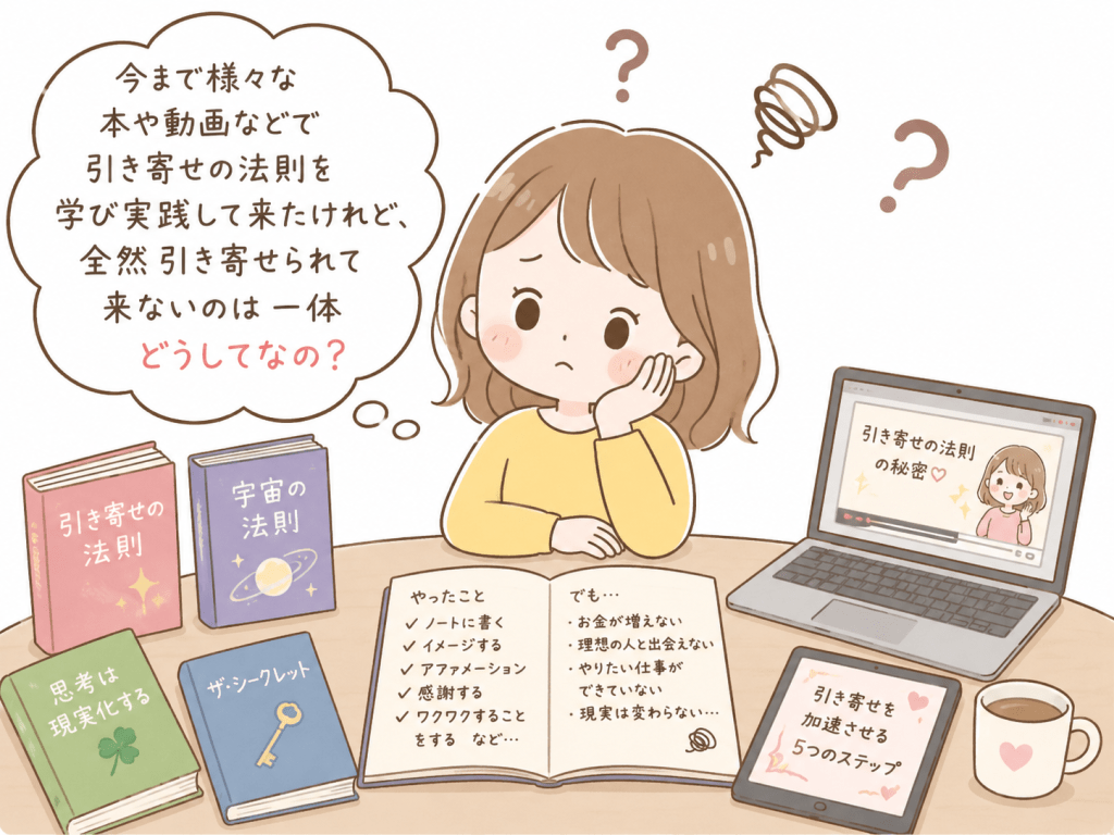 alt="本や動画で引き寄せの法則を学び実践してきたのに願いが叶わず、どうして引き寄せられないのか疑問に感じて悩む女性のシンプルで可愛いイラスト"