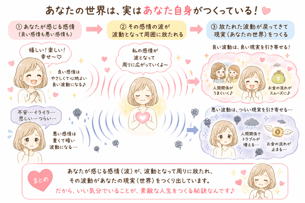 alt="あなたの世界はあなた自身がつくっていて、日々感じる感情が波動となって周囲に放たれ、その波動が人間関係やお金などの現実をつくる流れを、シンプルで可愛く解説したイラスト"