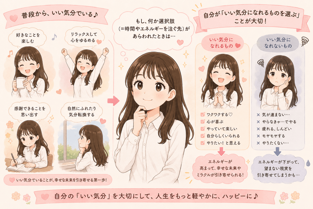 alt="普段からいい気分で過ごし、時間やエネルギーを注ぐ選択肢が現れたときには、自分がいい気分になれるものを選ぶことの大切さを説明するSayaka.さんのイラスト"
