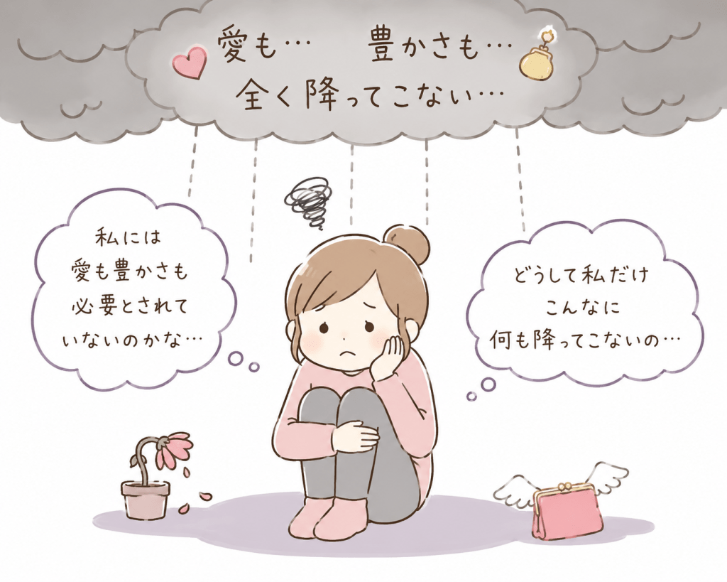 alt="愛も豊かさも自分には降ってこないと感じ、必要とされていないのではないかと思い悩む女性のイラスト"