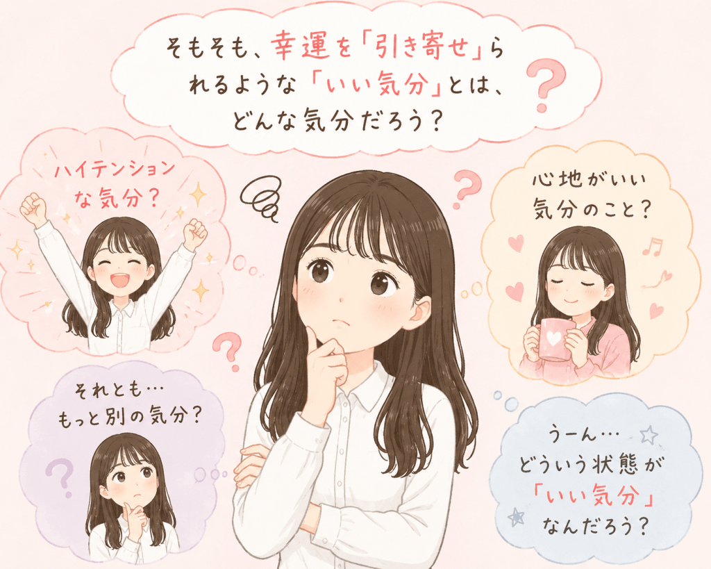 alt="「引き寄せ」で幸運を呼ぶ「いい気分」とはどんな気分なのか、ハイテンションや心地良さとの違いを考え込むSayaka.さんのイラスト"