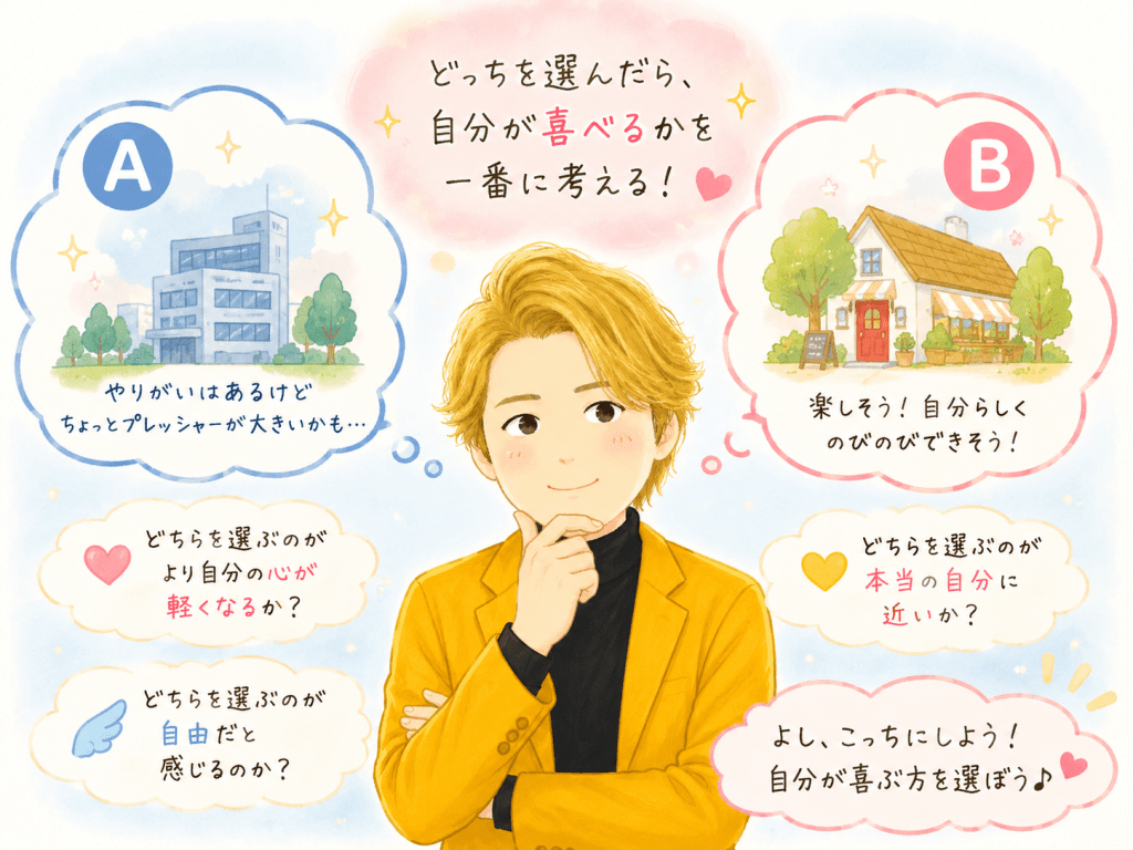 alt="引き寄せの法則をテーマに、自分が喜べる選択・心が軽くなる選択・本当の自分らしい生き方を考えながら決断する人物のイラスト"