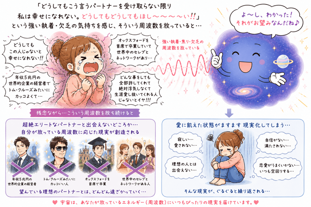 alt="引き寄せの法則では、「どうしても理想のパートナーが欲しい」という執着や欠乏感が現実化し、恋愛がうまくいかない状態を引き寄せてしまう仕組みを解説したイラスト"