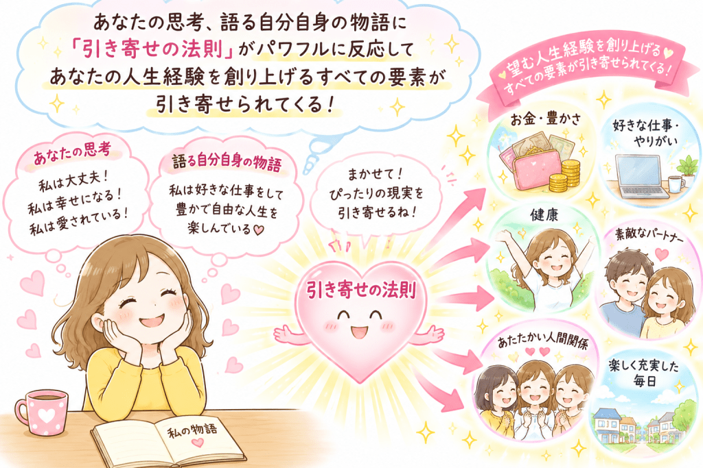 alt="引き寄せの法則は思考やセルフトークに反応し、理想の人生や豊かさ、人との出会い、チャンスを引き寄せる仕組みを解説したイラスト"