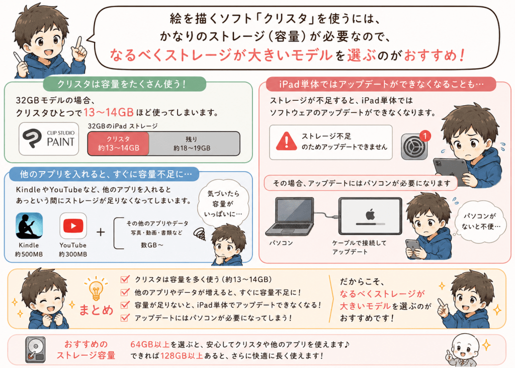 alt="クリスタはストレージ容量を多く使用するため、32GBのiPadでは他のアプリを入れると容量不足になりやすく、快適に使うにはストレージ容量の大きいモデルがおすすめだと説明するイラスト"