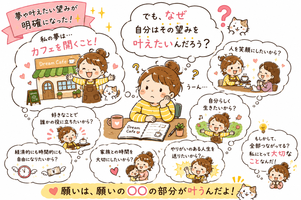 alt="夢や叶えたい望みが明確になった後、「なぜその願いを叶えたいのか?」という本当の理由を考え、願いの奥にある目的や想いを見つめ直している人物を描いた可愛いイラスト"