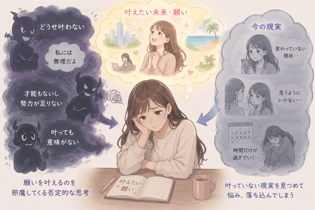 alt="願いが叶わない現実や「どうせ叶わない」という否定的な思考に悩む人物のシンプルな説明イラスト"