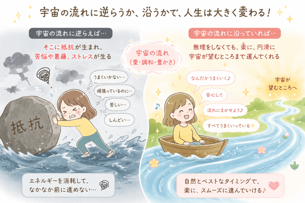 alt="宇宙の流れに逆らうと苦悩やストレスが生まれ、流れに沿うと無理なく人生が円滑に進むことを説明したイラスト"
