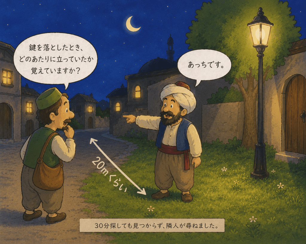alt="ナスルディンの街灯の寓話で、鍵を落とした場所を尋ねられたナスルディンが、街灯から約20メートル離れた場所を指さして答える場面を描いたイラスト"