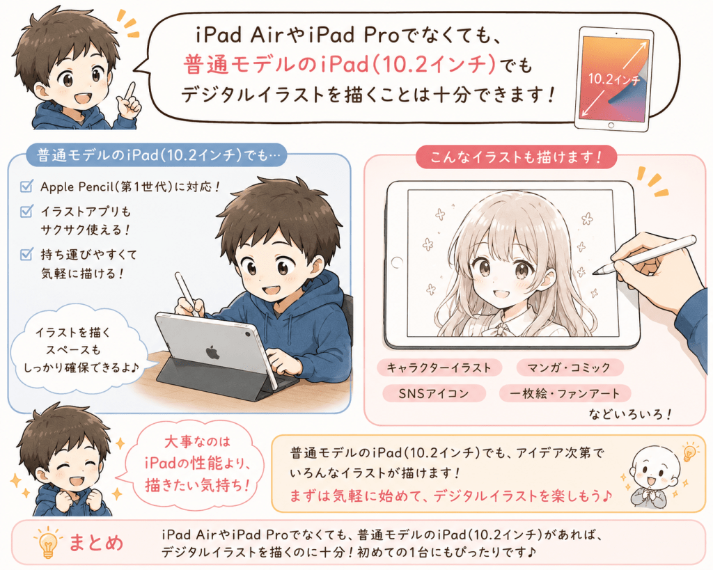 alt="iPad AirやiPad Proでなくても、10.2インチの通常モデルのiPadでデジタルイラストを十分に描けることを説明するイラスト"