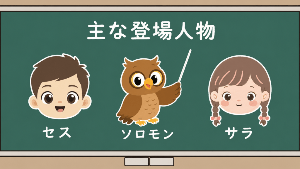 alt="黒板に描かれた物語『サラとソロモンの友情』の主な登場人物、少年セス、ふくろうのソロモン、少女サラを紹介する可愛いイラスト"