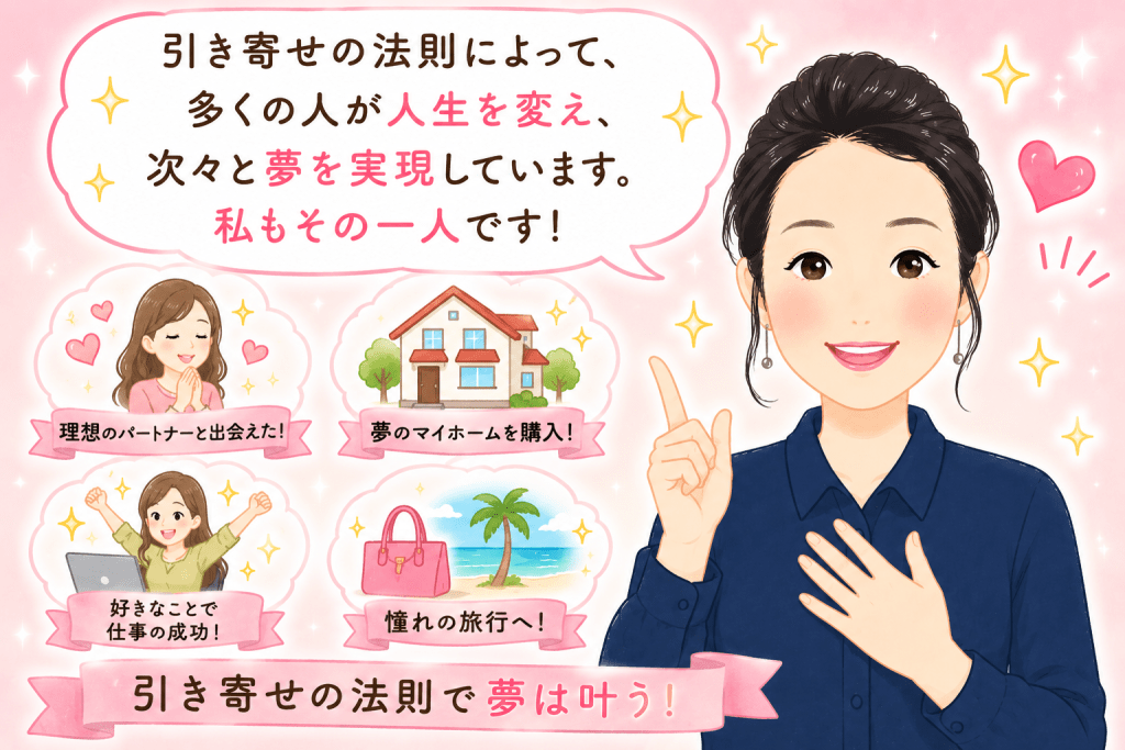 alt="引き寄せの法則で人生が変わり、夢を実現した人は多く、スピリチュアルakikoさん自身もその一人であることを紹介したイラスト。恋愛・仕事・マイホーム・旅行などの願いが叶うイメージを描いている"