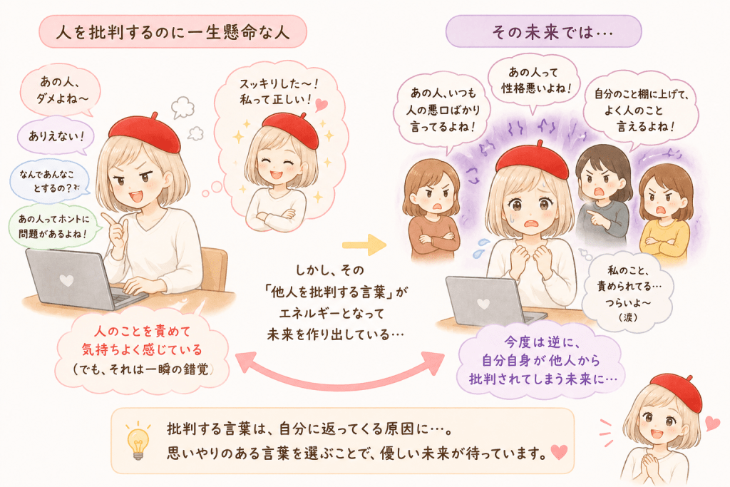 alt="他人を批判する言葉は、やがて自分に返ってくることを説明したイラスト。人を責めて一時的に気持ちよくなっても、その言葉が未来の自分をつくり、今度は自分自身が他人から批判されるような現実を引き寄せてしまう流れを、シンプルで可愛く表現している"
