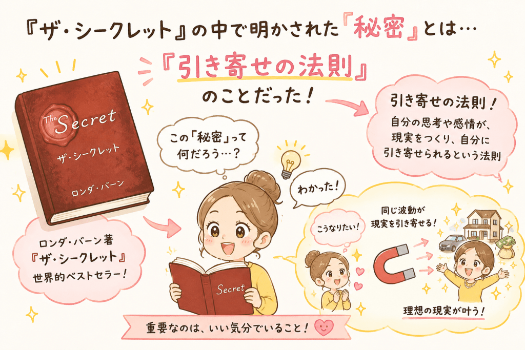 alt="ロンダ・バーン著『ザ・シークレット』で明かされた「秘密」とは「引き寄せの法則」のことだったとわかりやすく解説する可愛いイラスト"