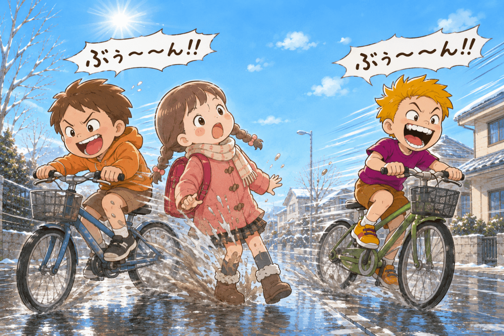 alt="学校帰りのサラの横を二人の男の子が自転車で勢いよく走り抜け、水たまりの汚れた水がサラの足元にはねかかるイラスト"