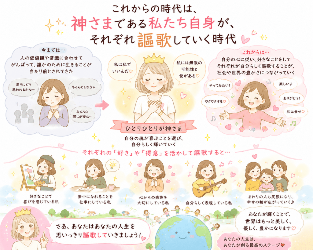 alt="これからの時代は、自分らしく好きなことを楽しみ、一人ひとりが人生を謳歌することが豊かさにつながることを伝えるシンプルで可愛いイラスト"