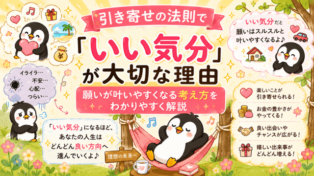 alt="引き寄せの法則で「いい気分」が大切な理由と、良い気分でいることで願いが叶いやすくなる考え方をわかりやすく解説したアイキャッチ"
