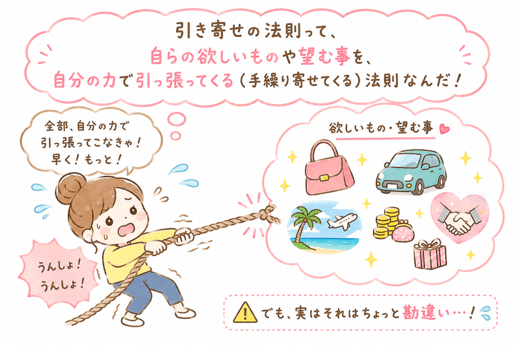 alt="引き寄せの法則は、欲しいものや望むことを自分の力で手繰り寄せる法則だと勘違いし、焦りながら必死にロープを引っ張る女性のイラスト"