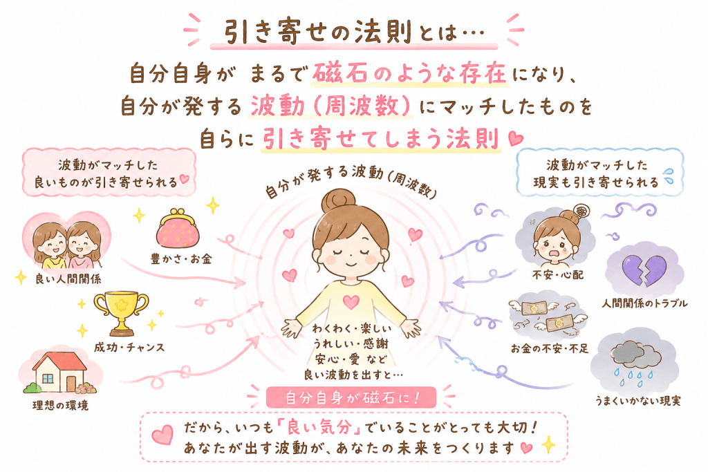 alt="引き寄せの法則では、自分自身が磁石のような存在となり、自分が発する波動や周波数にマッチした出来事や現実を引き寄せることを説明するイラスト"