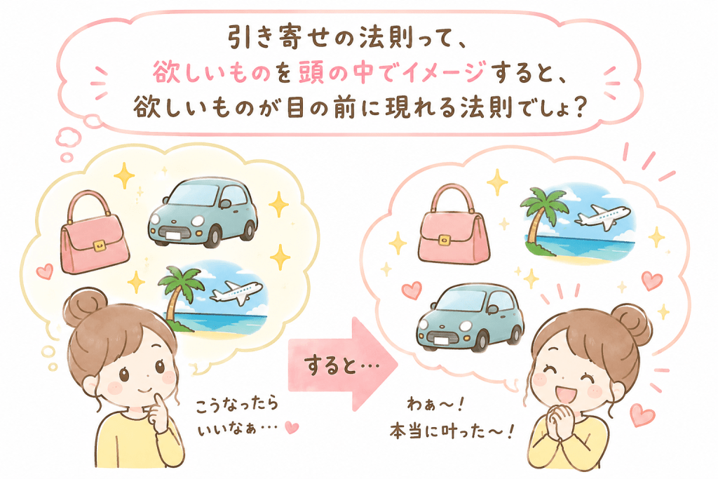 alt="引き寄せの法則は欲しいものを頭の中でイメージするだけで現実になる法則なのかという疑問を表現したイラスト"