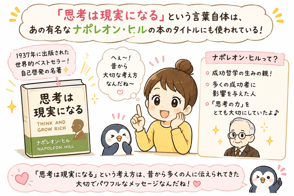 alt="「思考は現実になる」という有名な言葉が、ナポレオン・ヒルの代表作のタイトルにも使われていることを、かわいいキャラクターと本を使ってわかりやすく紹介したイラスト"