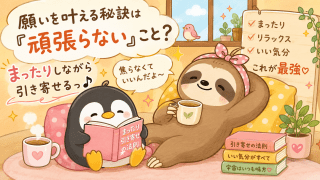 alt="頑張らない引き寄せの法則を表現した、読書を楽しむペンギンとナマケモノのかわいいイラスト"