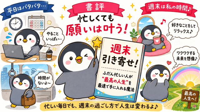 alt="『週末引き寄せ！ふだん忙しい人が“最高の人生”を最速で手に入れる魔法』の書評をイメージした、忙しい平日と充実した週末を描いたペンギンのイラスト"