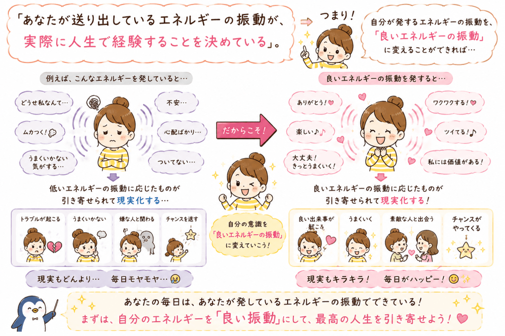 alt="自分が発するエネルギーの振動を良い波動へ変えることで、その波動に合った幸せな出来事や人、チャンスが引き寄せられる仕組みを説明したイラスト"