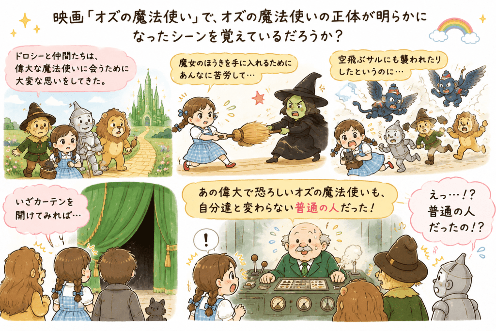 alt="映画『オズの魔法使い』で、偉大で恐ろしいオズの魔法使いの正体が、実は普通の人だったことが明らかになる場面を描いたイラスト"