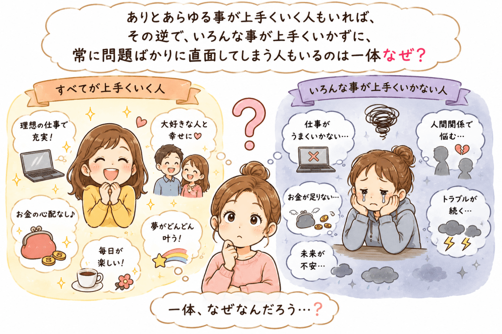 alt="「ありとあらゆることが順調に進む人と、問題ばかりに直面してしまう人がいるのはなぜなのかという疑問を表現したイラスト」"