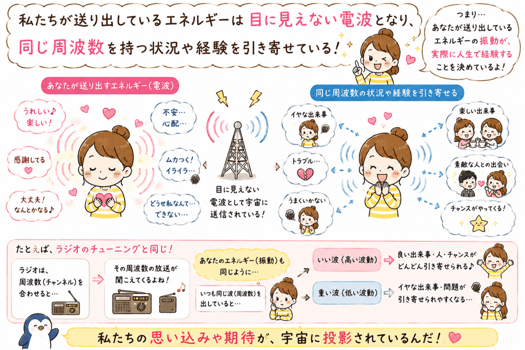 alt="私たちが送り出す思考や感情のエネルギーが目に見えない電波となり、同じ周波数の出来事や経験を引き寄せる仕組みをわかりやすく説明したイラスト"