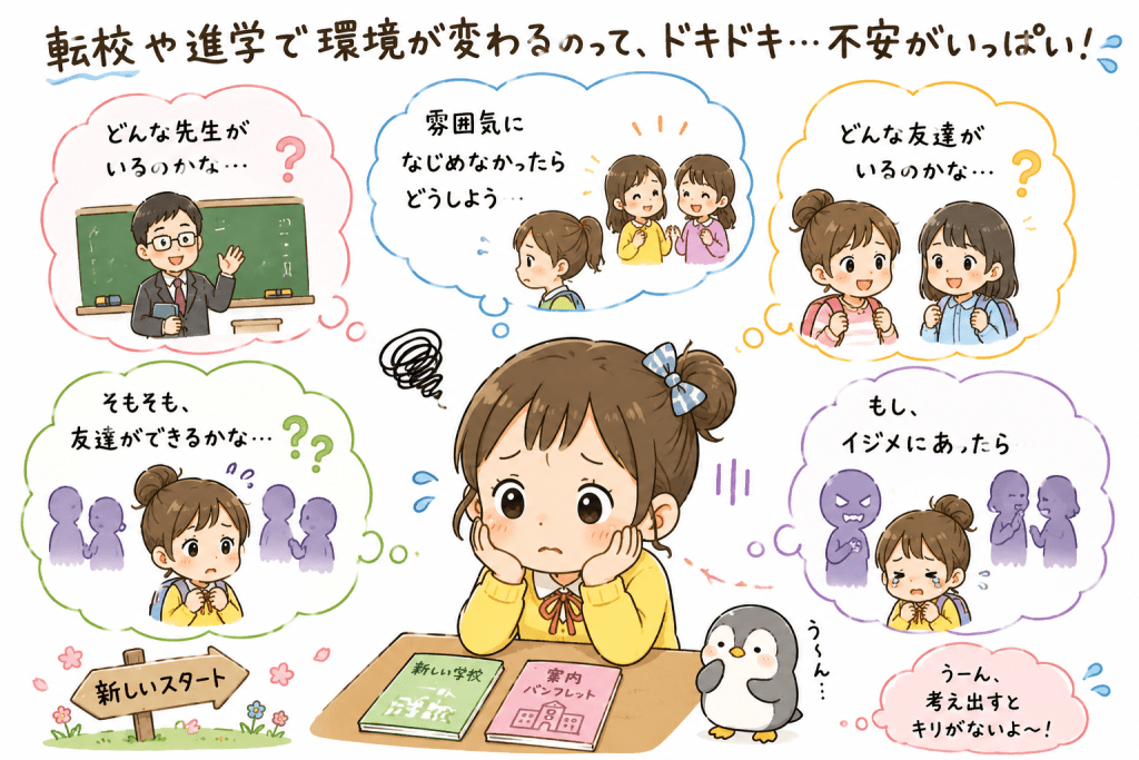 alt="転校や進学で環境が変わることに対して、「どんな先生がいるのかな」「友達はできるかな」「いじめにあったらどうしよう」など、さまざまな不安や心配を抱える学生を表現したイラスト"