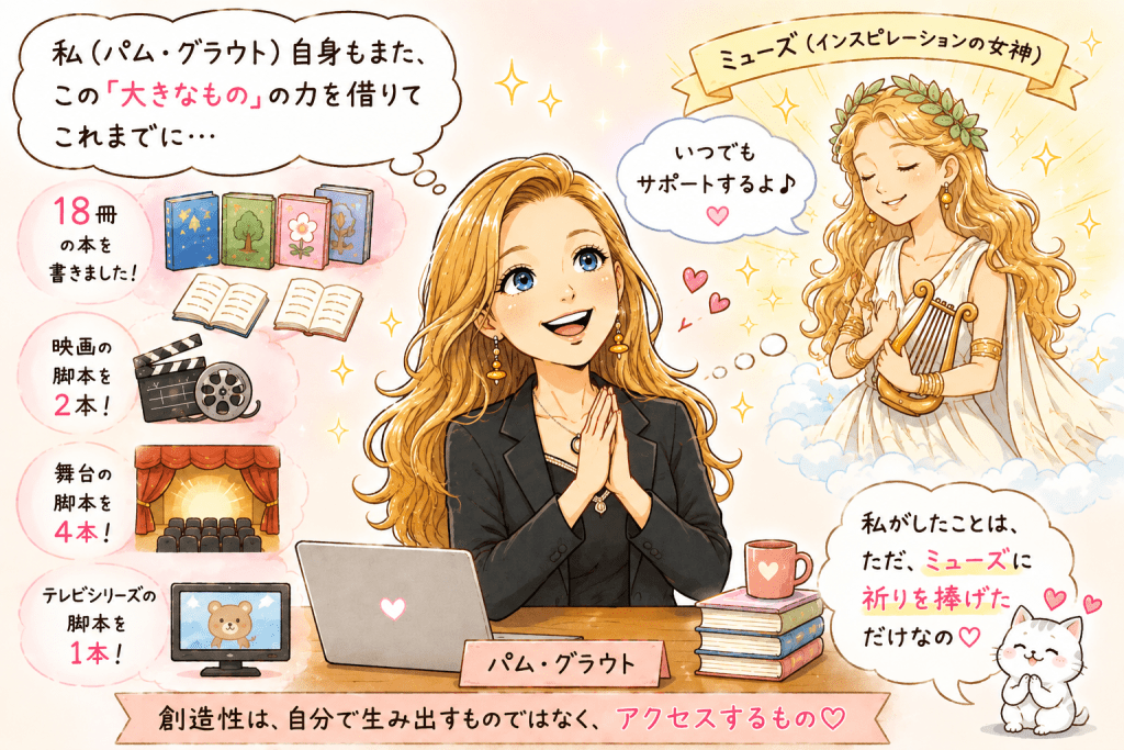 alt="パム・グラウトがミューズ(インスピレーションの女神)に祈りを捧げながら創造性にアクセスし、多くの本や脚本を生み出したことを表現したイラスト"
