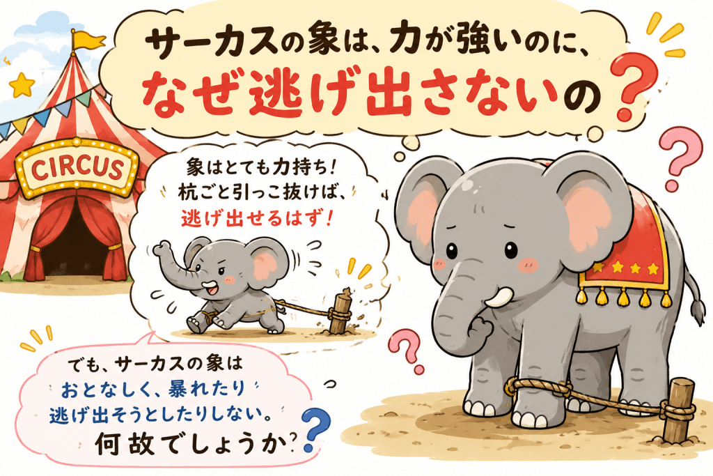 alt="力の強いサーカスの象が杭を引き抜いて逃げられるはずなのに、なぜ逃げ出さないのかという疑問をわかりやすく表現したイラスト"
