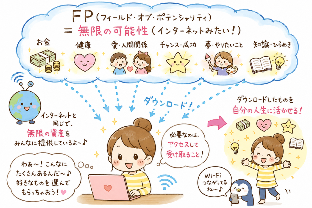 alt="FP（フィールド・オブ・ポテンシャリティ）の無限の可能性から、お金や健康、愛、知識などを人生にダウンロードするイメージイラスト"