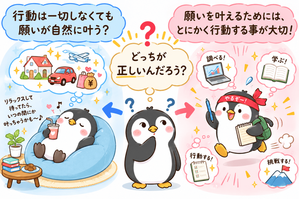 alt="引き寄せの法則では行動しなくても願いは叶うのか、それとも行動が大切なのかと迷うペンギンのイラスト"