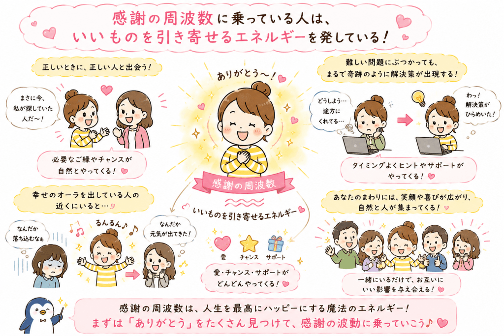 alt="感謝の周波数に乗ることで良いエネルギーを発し、素敵な出会いやチャンス、問題解決を引き寄せる仕組みをわかりやすく説明したイラスト"