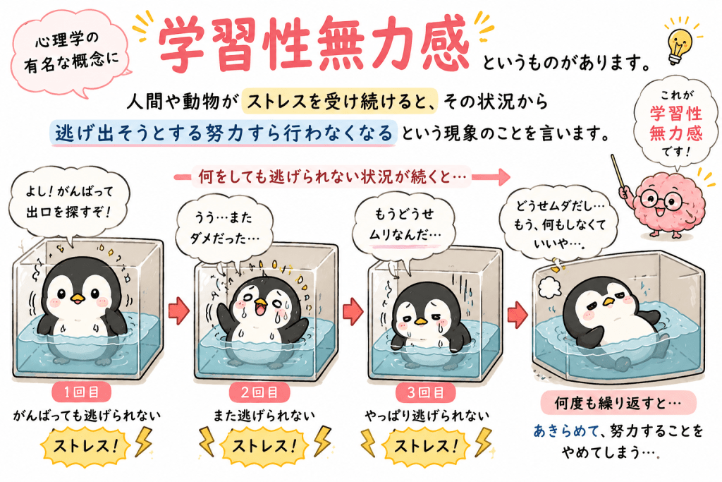 alt="心理学の「学習性無力感」とは、ストレスを受け続けることで、その状況から逃げ出そうとする努力すらできなくなってしまう現象であることを説明したイラスト"