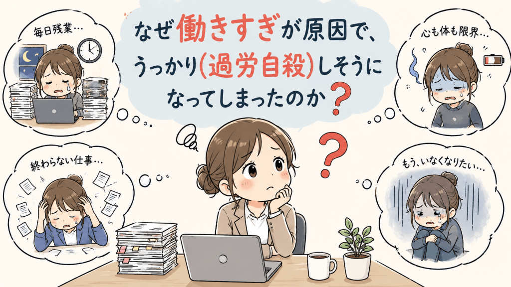 alt="働きすぎが原因で過労自殺に至ってしまう理由について疑問を持つ人物を描いたイラスト"