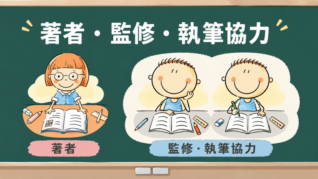 alt="著者は別人物、監修と執筆協力は同じ人物が担当していることをイラストで紹介した図"