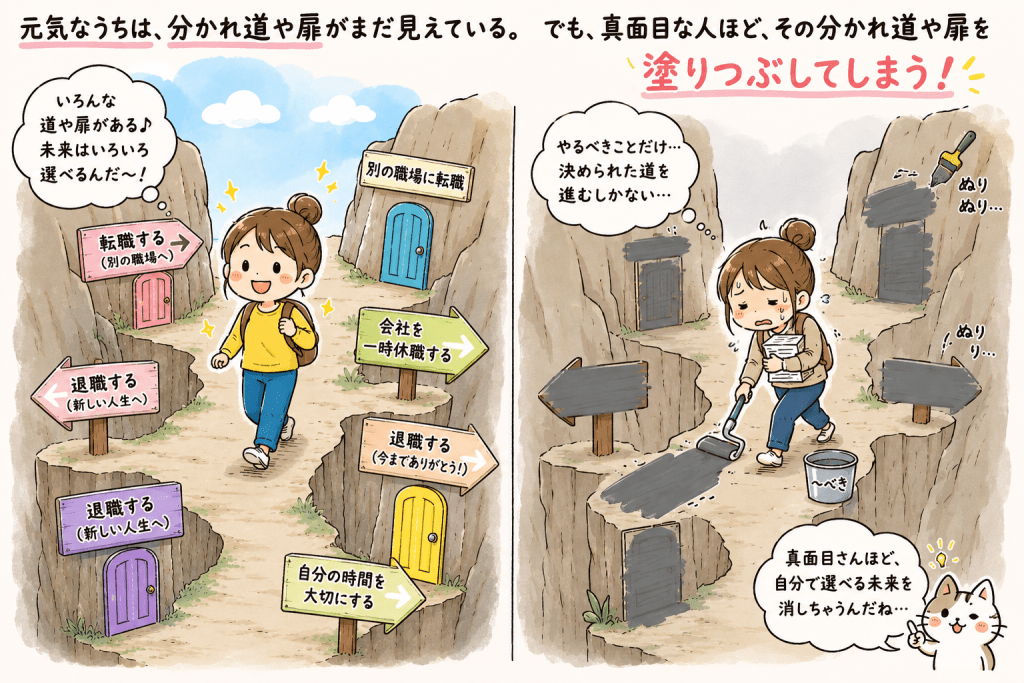 alt="元気なうちは転職・休職・退職など複数の選択肢が見えている一方で、真面目な人ほどその選択肢を自ら消してしまう様子を表現したイラスト"
