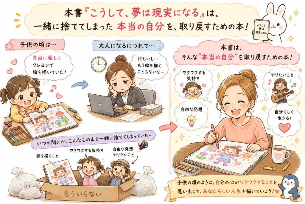 alt="『こうして、夢は現実になる』は、大人になる過程で置き去りにしてしまった本当の自分や創造性を取り戻すことを表現したイラスト"