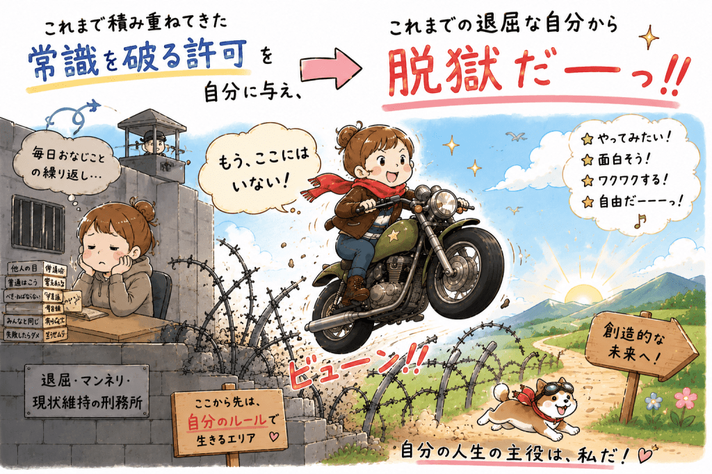 alt="これまでの常識や思い込みから脱却し、新しい自分へ向かって自由に踏み出す様子を描いたユーモアのあるイラスト"