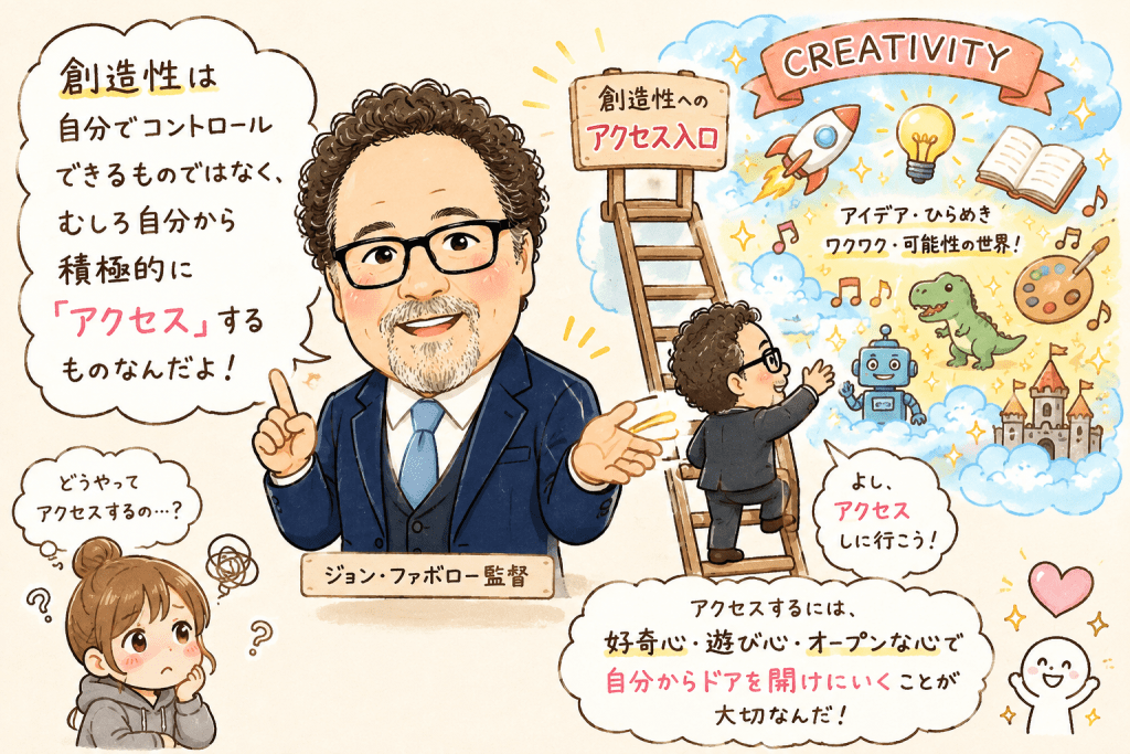 alt="ジョン・ファヴロー監督が「創造性はコントロールするものではなく、自分からアクセスするもの」と語る様子を描いた可愛いイラスト"