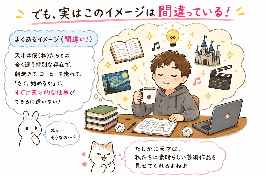 alt="天才は朝起きてすぐに素晴らしい作品を生み出せるという思い込みは誤解であることを表現したイラスト"
