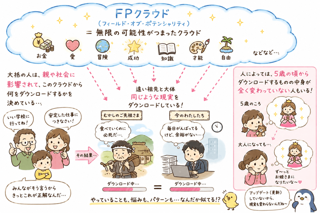 alt="親や社会の影響でFPクラウド（フィールド・オブ・ポテンシャリティ）から同じ現実をダウンロードし続ける仕組みをわかりやすく説明したイラスト"